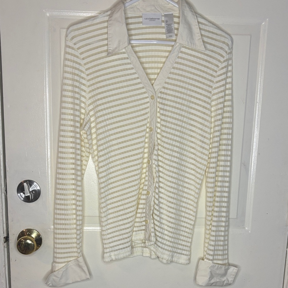 Liz Claiborne Cream & White Striped Button-Front Blouse